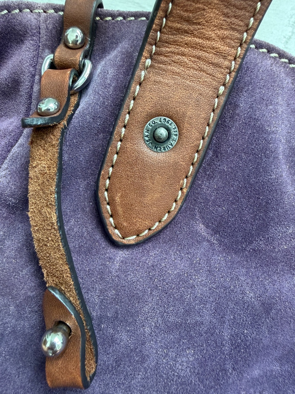 Lauren Ralph Lauren Putnam Signature Violet Purple Suede Leather Tote Bag Crest - Picture 5 of 16